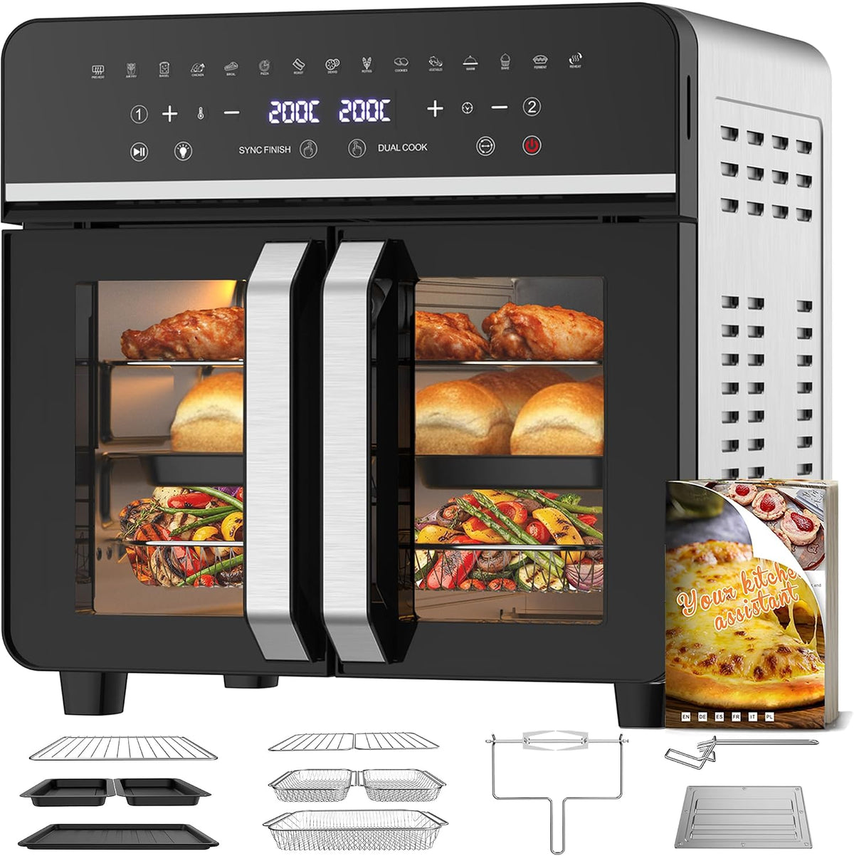 Freidora de aire Emphsism, 23L Freidora de Aire Familiar, Mini Horno Zona Cocción Única/Doble, Sep Temp