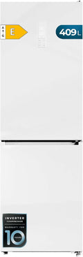 Frigorífico combi de Cecotec, Bolero CoolMarket Combi 409 White Glass E. 409 L, Altura 184, 6 cm, Ancho 59, 5 cm, Total NoFrost, Cajón Fresh Flex