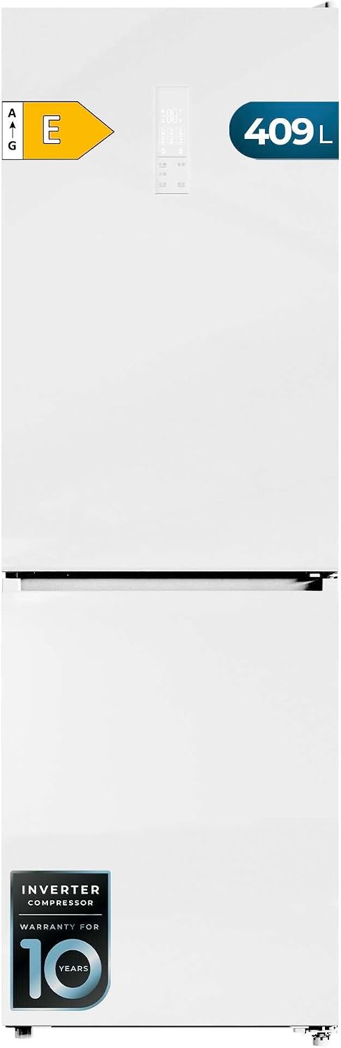 Frigorífico combi de Cecotec, Bolero CoolMarket Combi 409 White Glass E. 409 L, Altura 184, 6 cm, Ancho 59, 5 cm, Total NoFrost, Cajón Fresh Flex