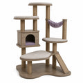 Árbol para gatos de madera con cojines beige y hamaca