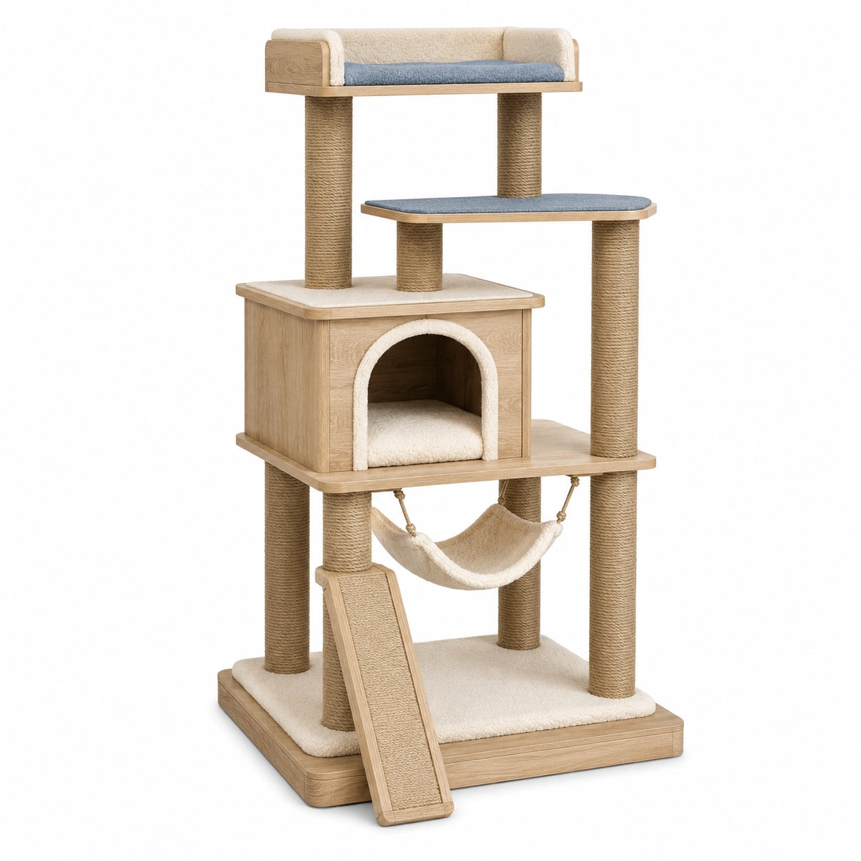 Árbol para Gatos con Plataformas y Casa de Madera y Tela Beige/Azul