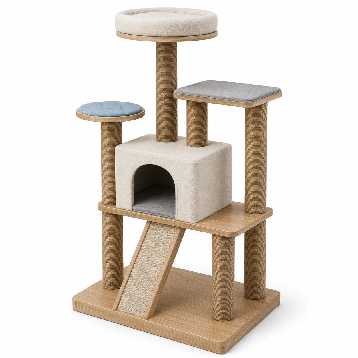 Árbol para Gato de Madera con Rascador de Sisal y Cojines Beige/Azul/Gris