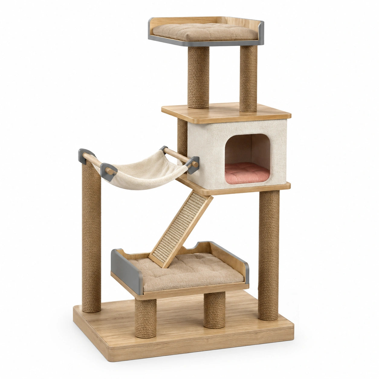 Árbol Rascador para Gatos de Madera con Hamaca y Plataforma Acolchada