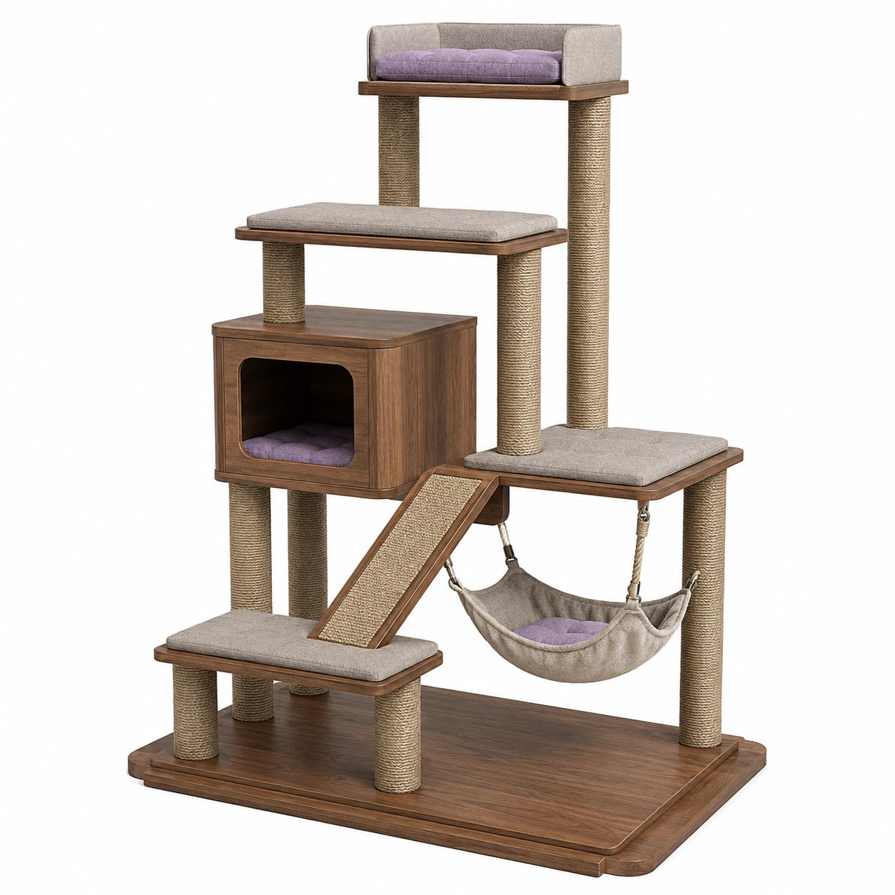 Árbol para gatos de madera con cojines y postes de sisal