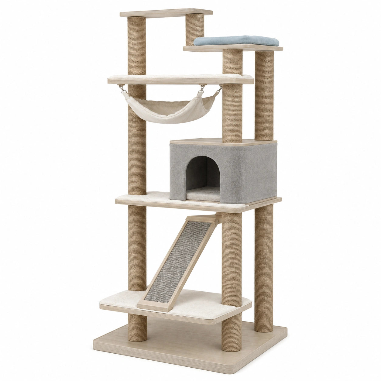 Árbol rascador para gatos de madera con casa textil y hamaca