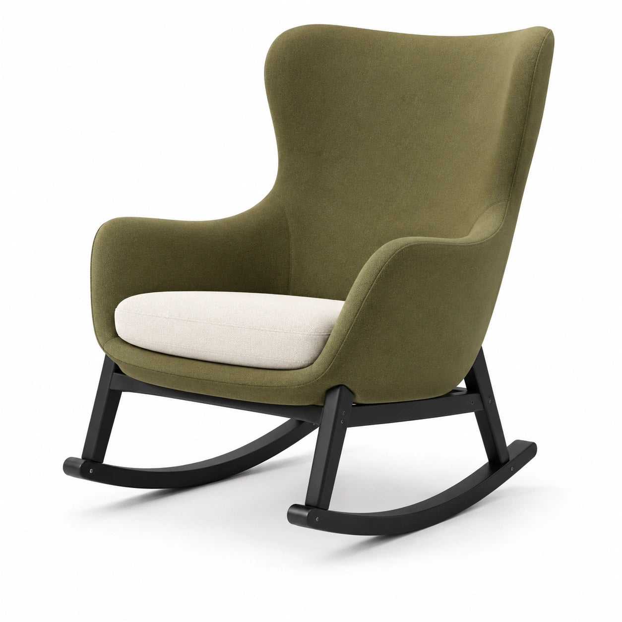 Silla Mecedora de Tela Verde y Beige con Estructura de Madera de Haya