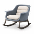 Sillón mecedora de tela azul y beige con estructura de madera