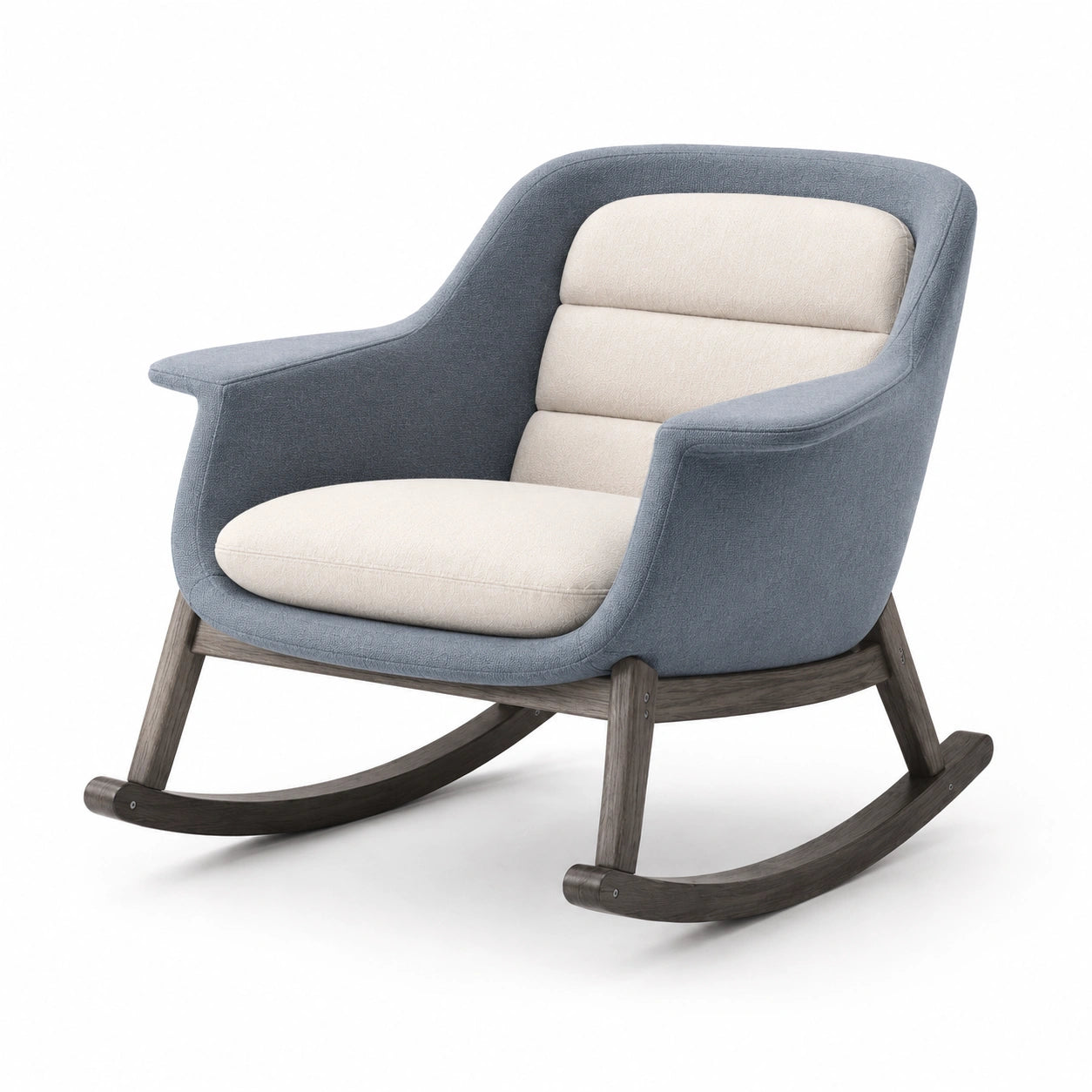 Sillón mecedora de tela azul y beige con estructura de madera