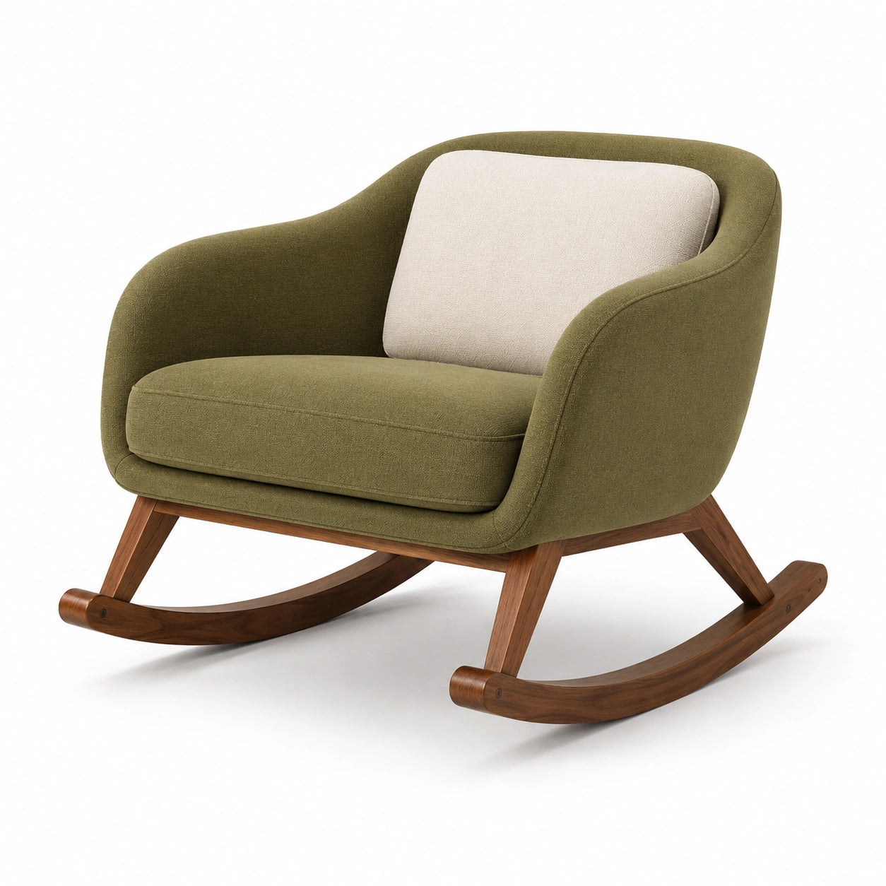 Silla mecedora de lino verde y beige con patas de madera