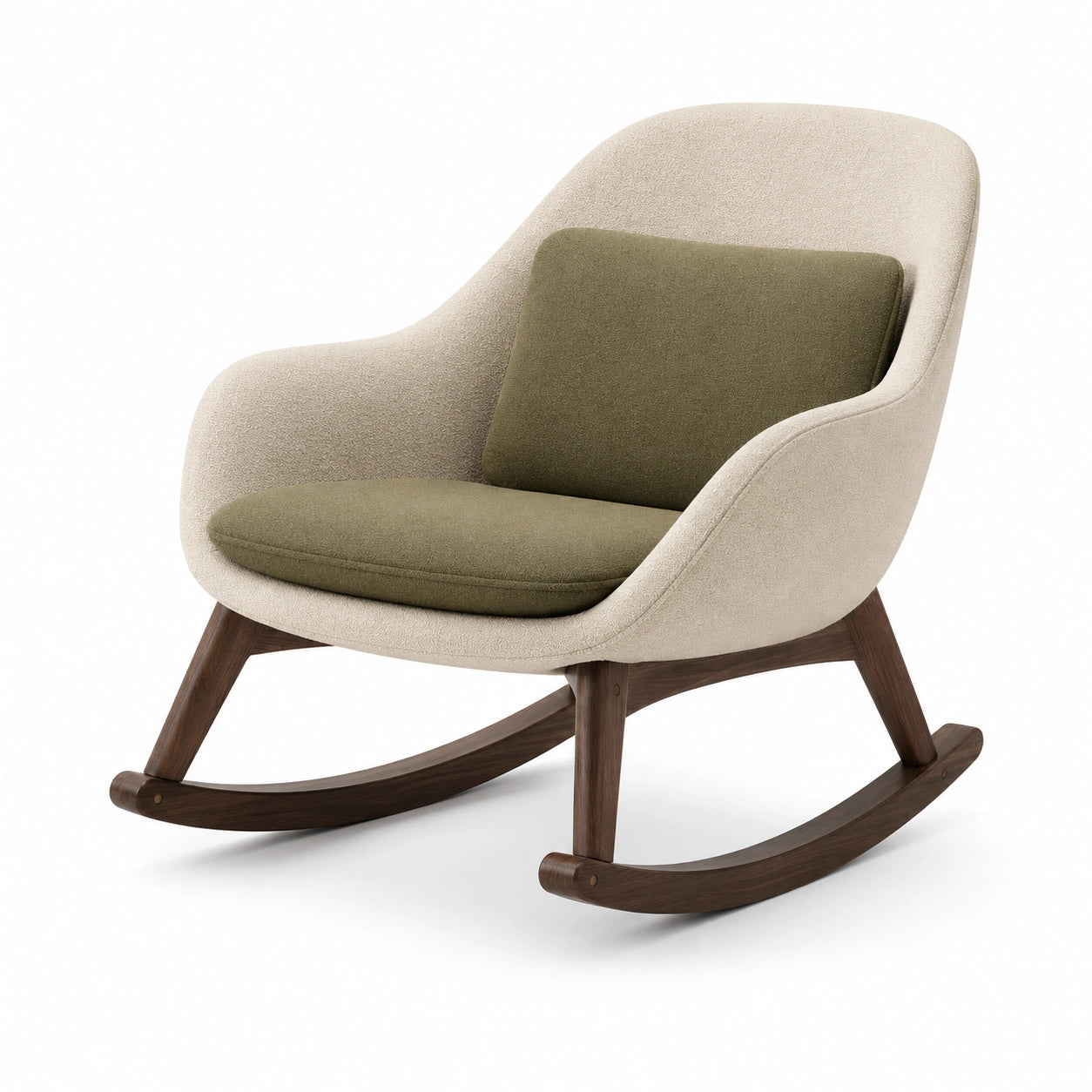 Mecedora de Tela Beige y Verde con Estructura de Madera