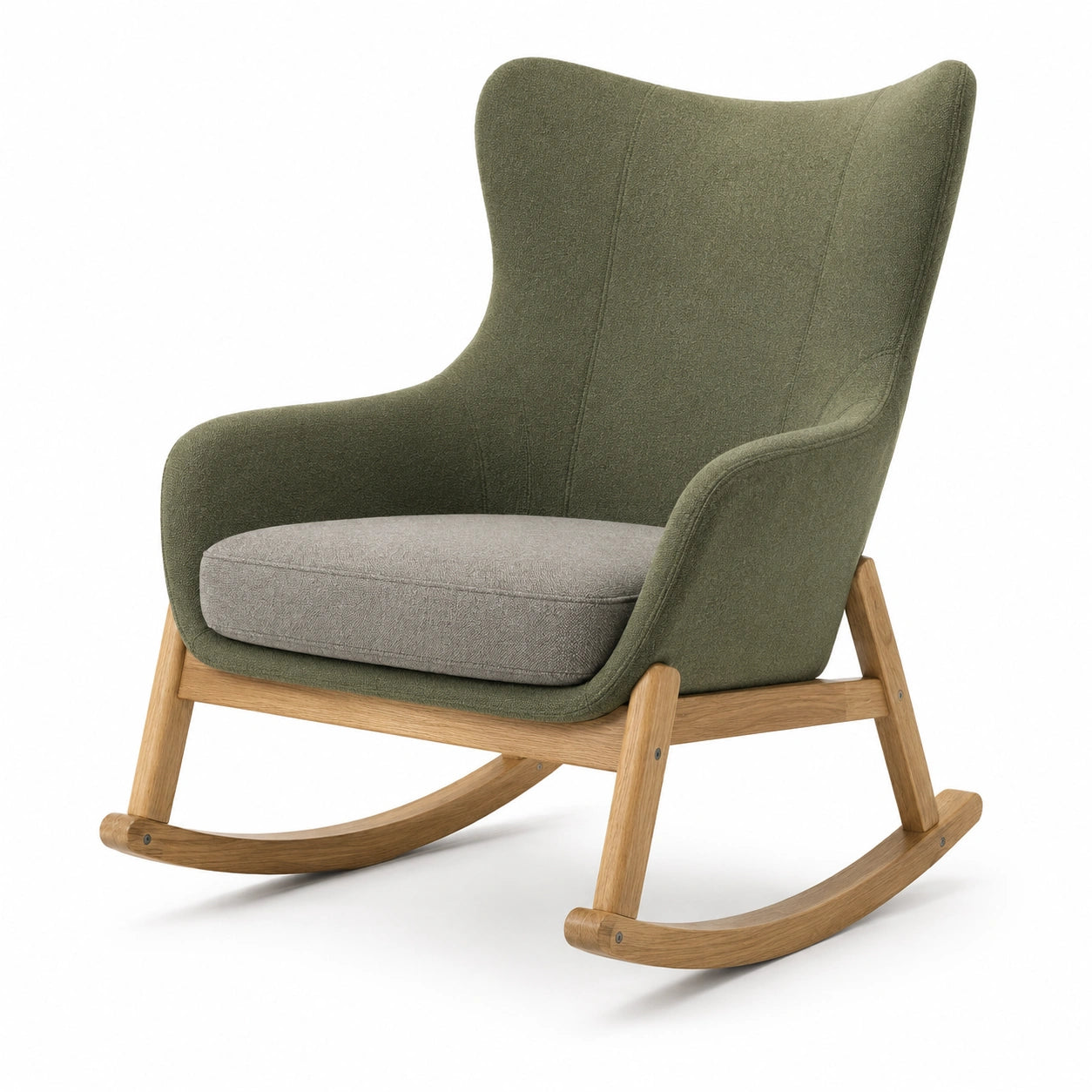 Sillón Mecedora de Tela Verde y Gris con Estructura de Roble