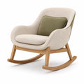 Sillón mecedora de tela beige y verde con marco de madera de roble