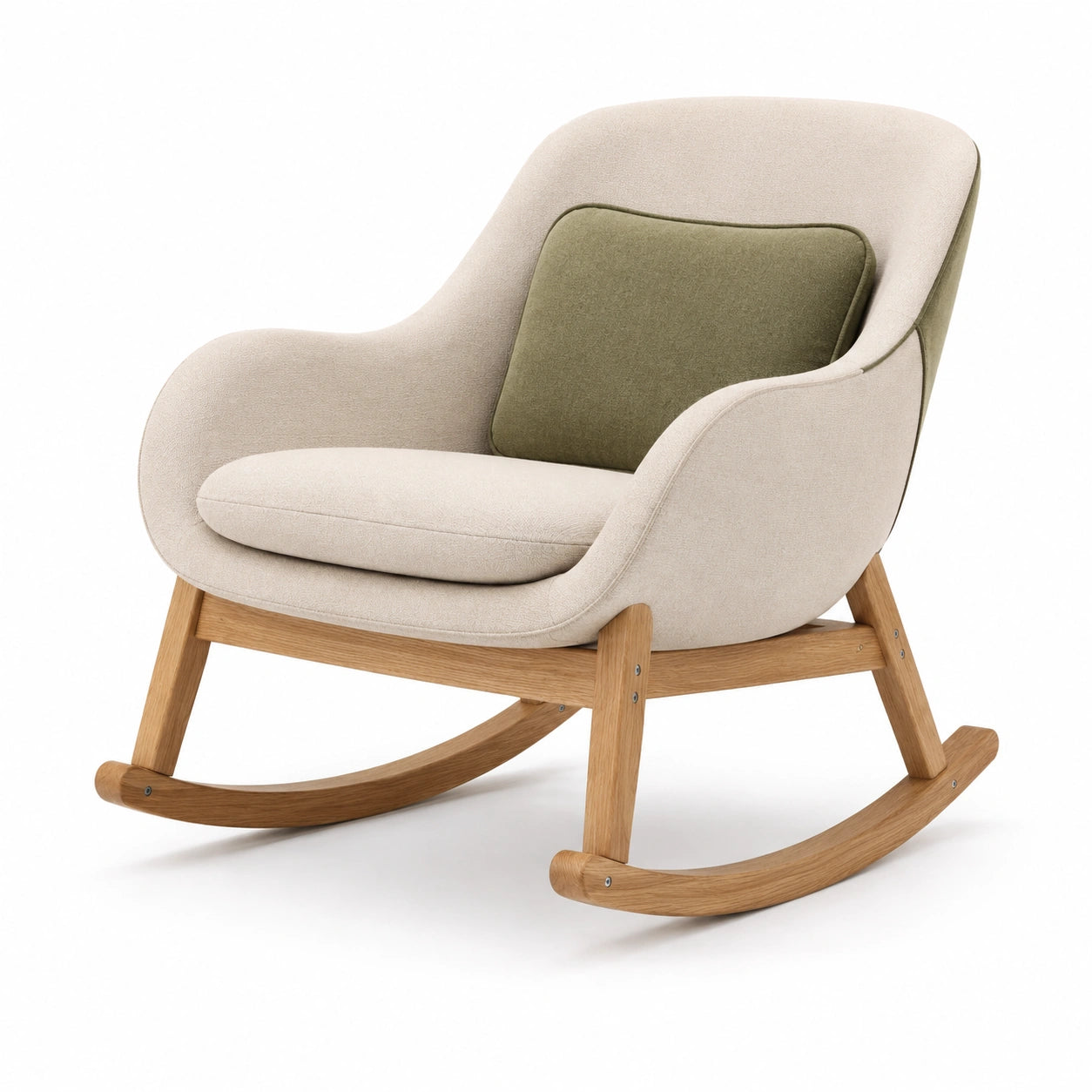 Sillón mecedora de tela beige y verde con marco de madera de roble