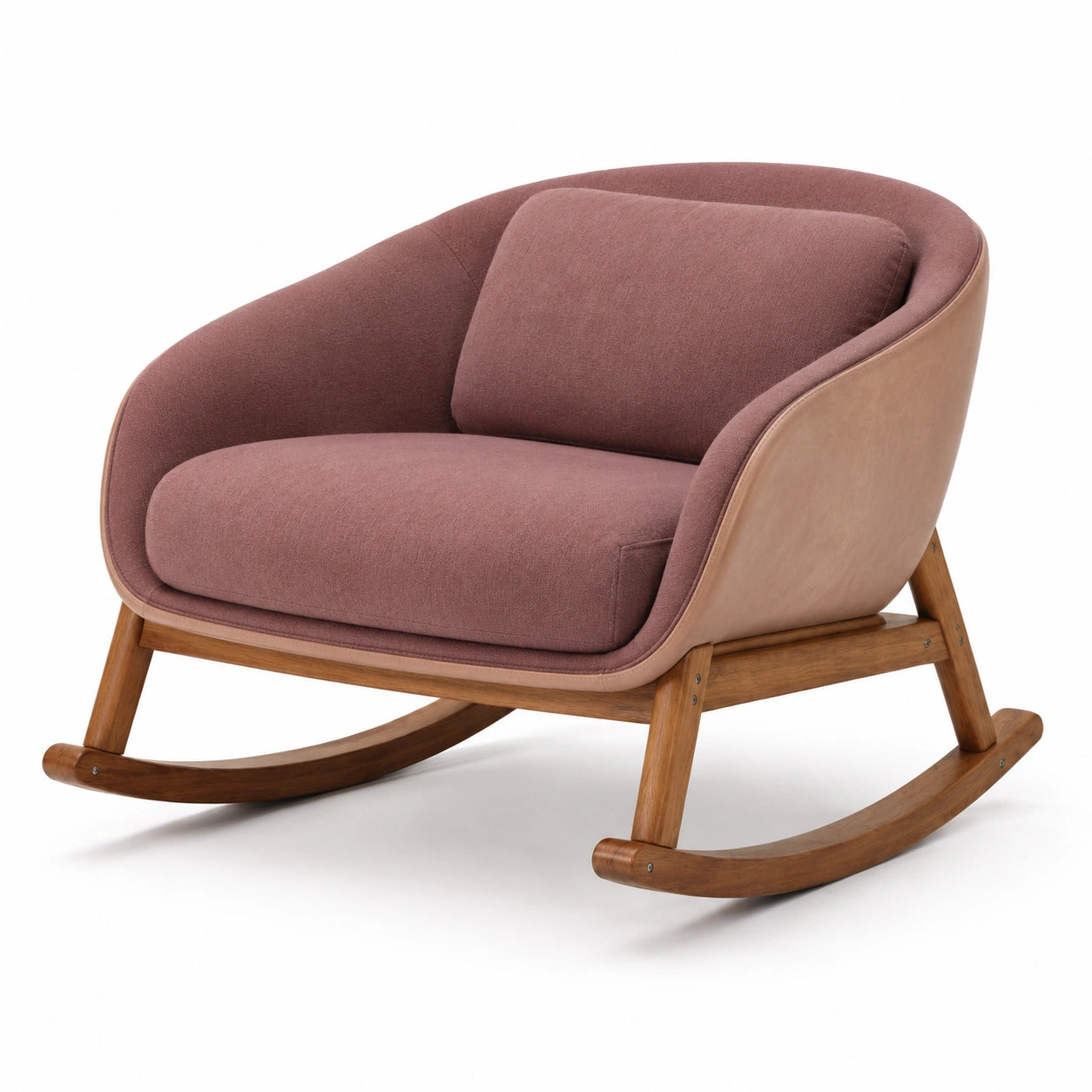 Mecedora de tela marrón y cuero con estructura de madera