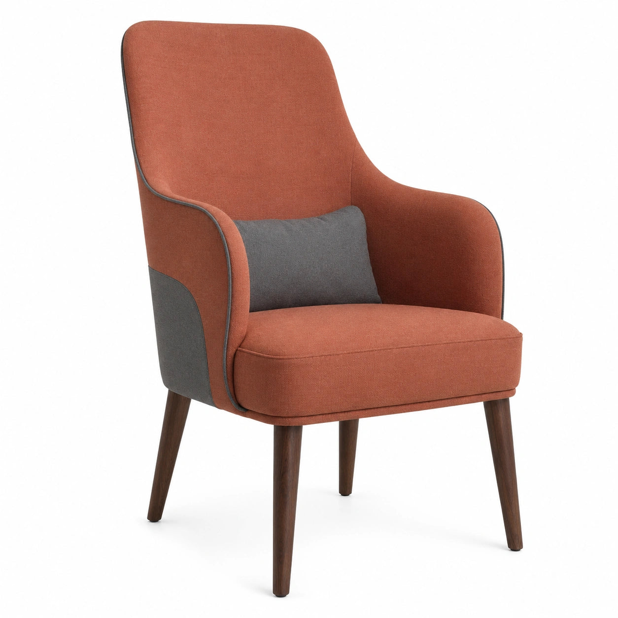 Sillón de tela naranja y gris con patas de madera