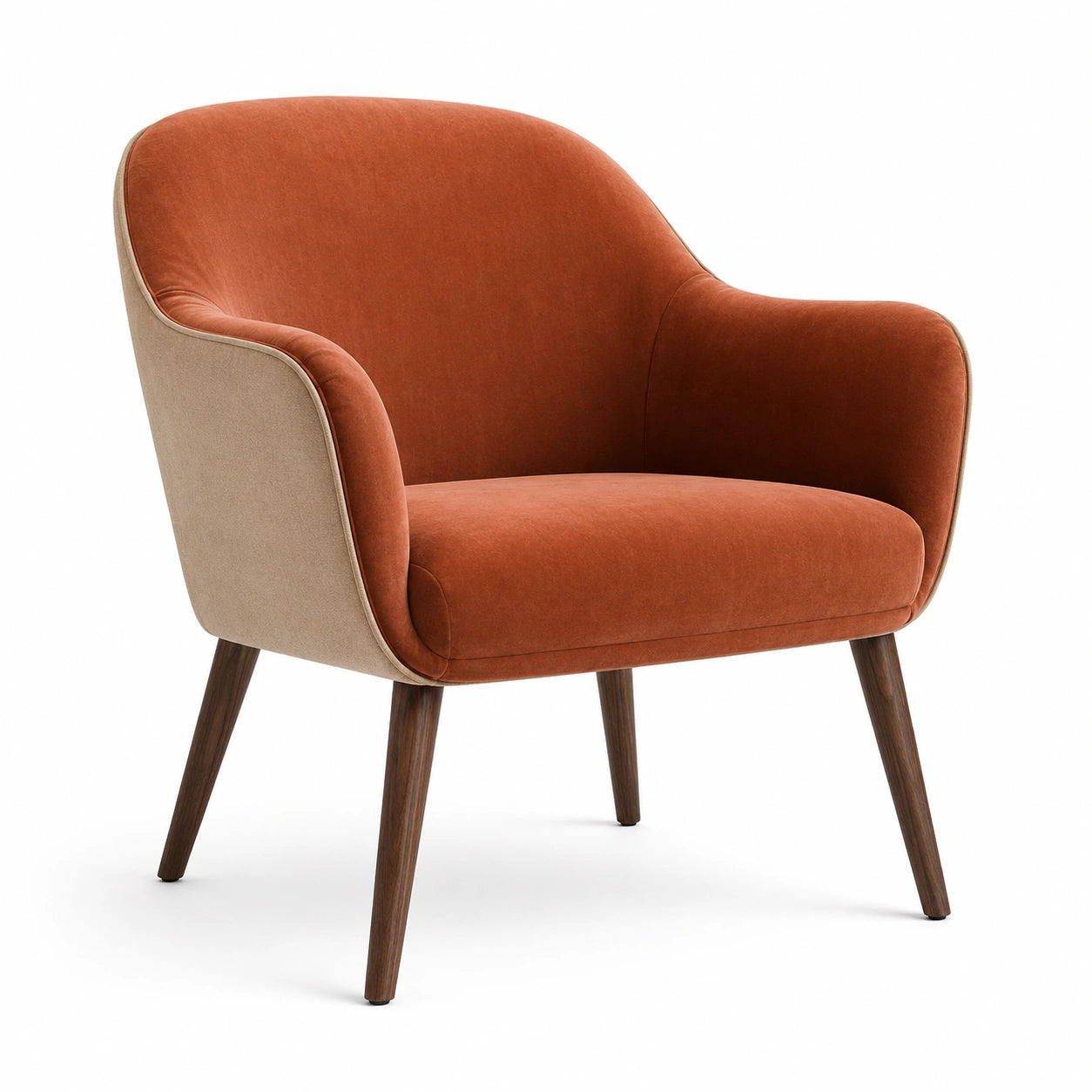Silla de Terciopelo con Patas de Madera, Naranja y Beige