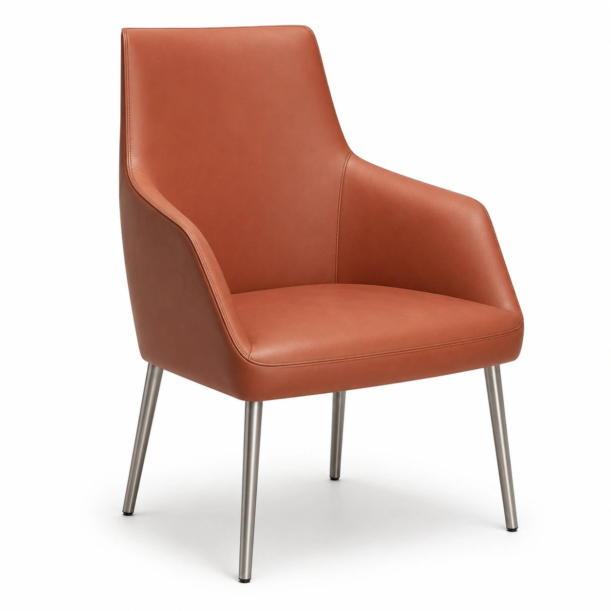 Sillón de piel sintética marrón con patas de acero inoxidable