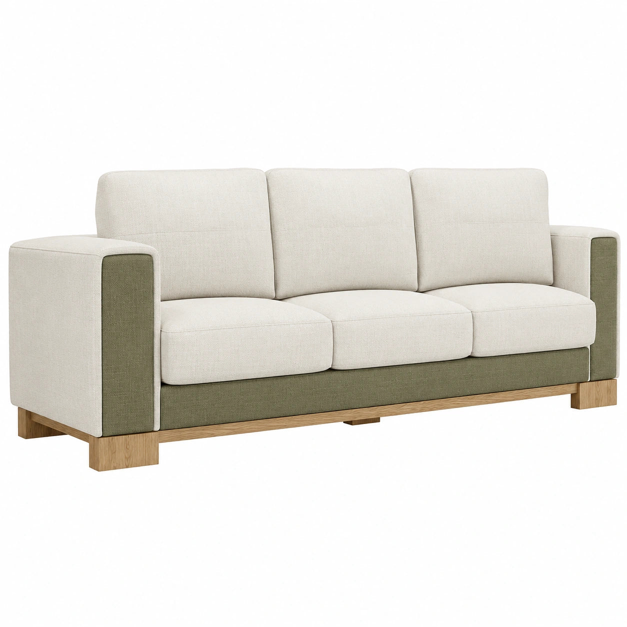 Sofá de Tela Beige y Verde 3 Plazas con Base de Roble