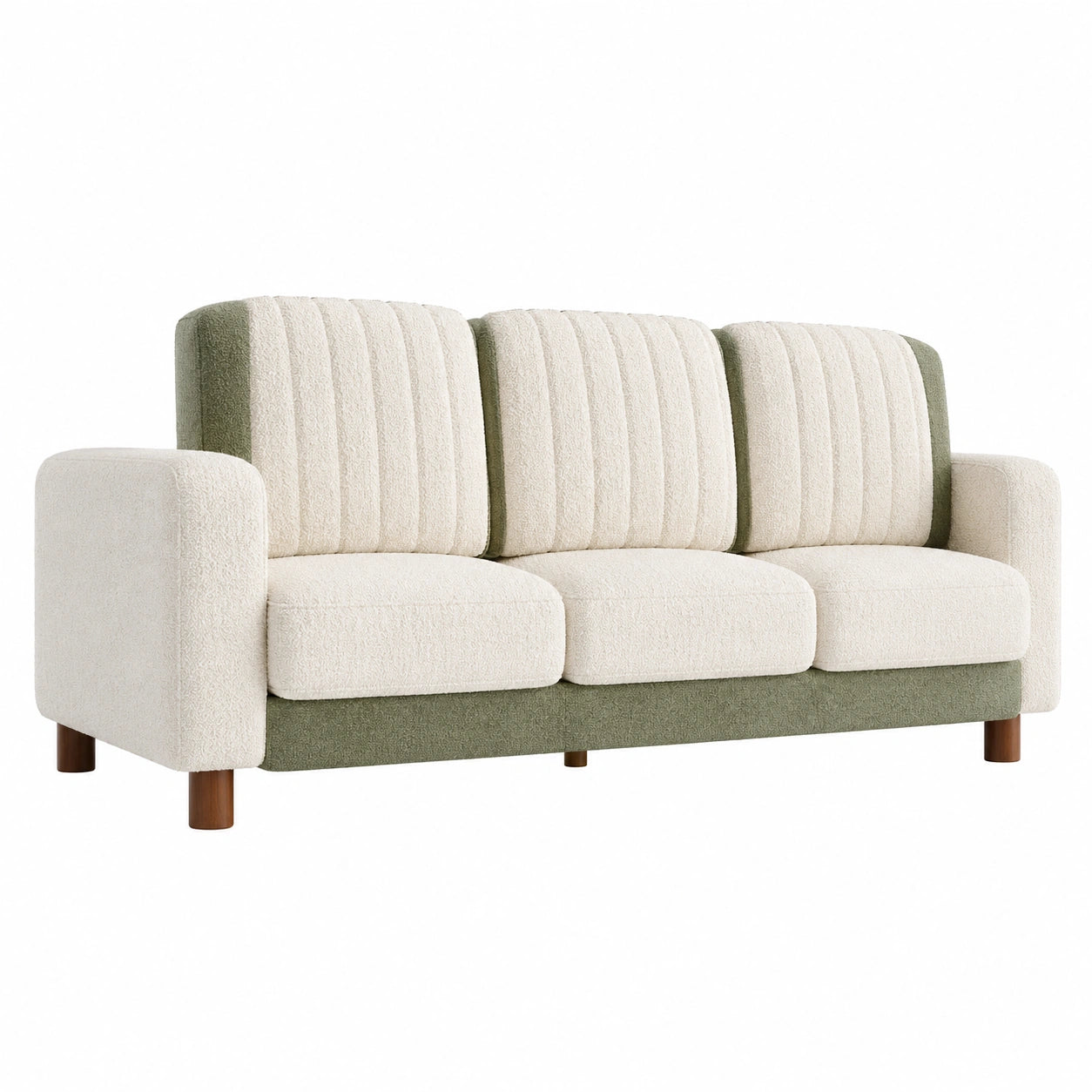 Sofá de tres plazas de tela bouclé crema y verde con patas de madera