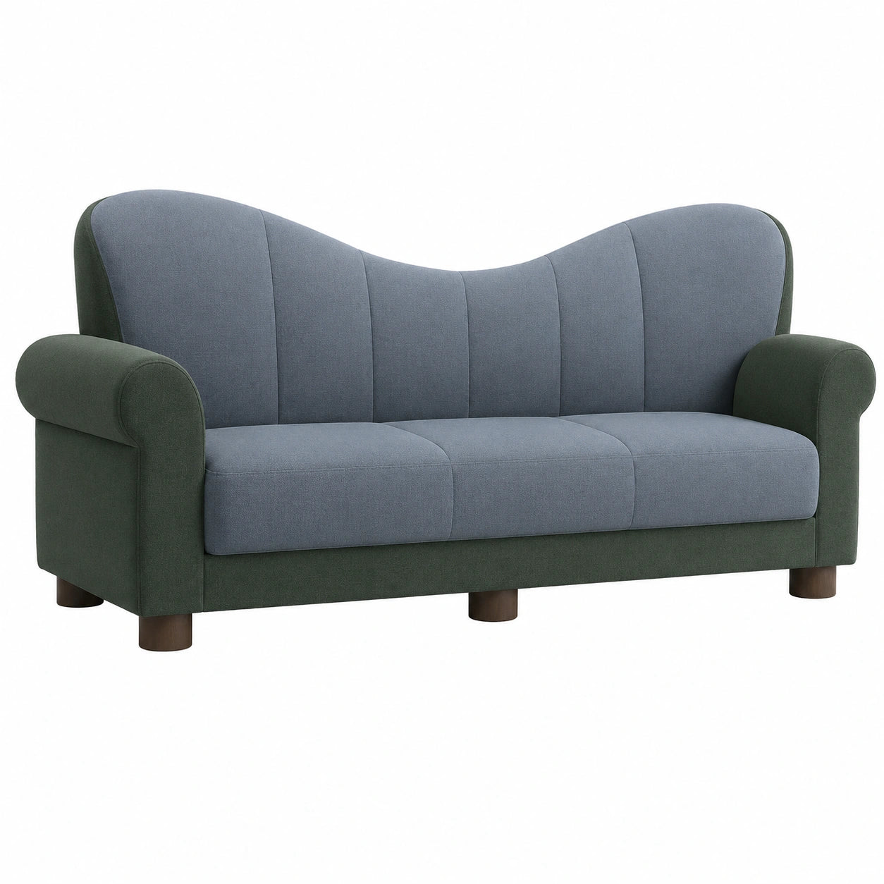 Sofá de tela gris y verde con patas de madera