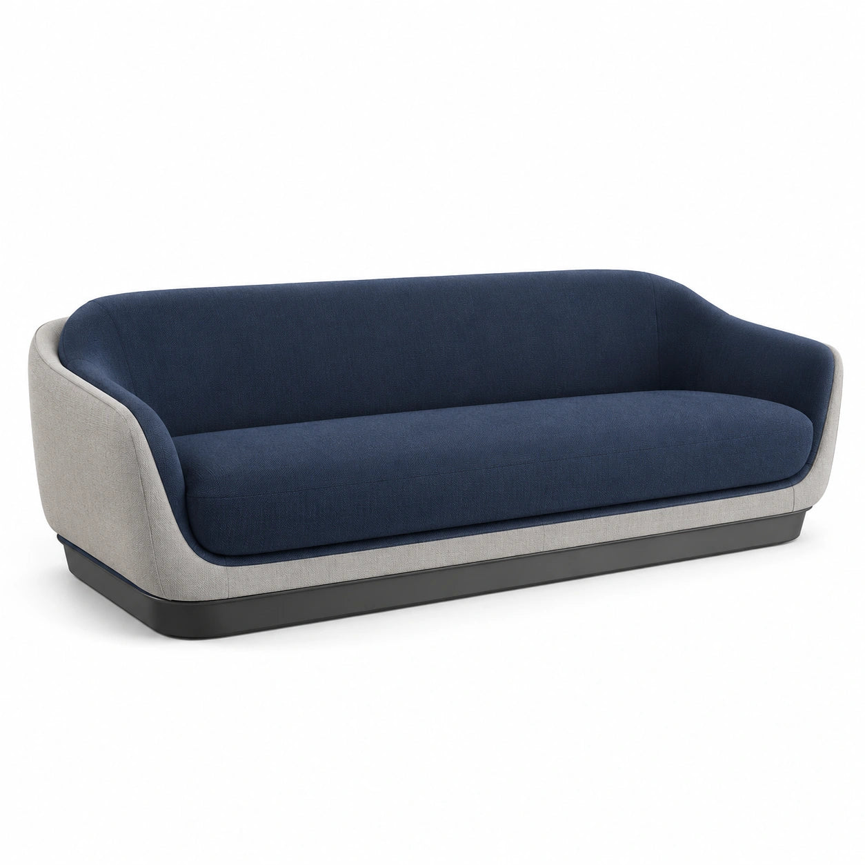 Sofá de tela azul marino y gris con base de madera 210x85x75cm