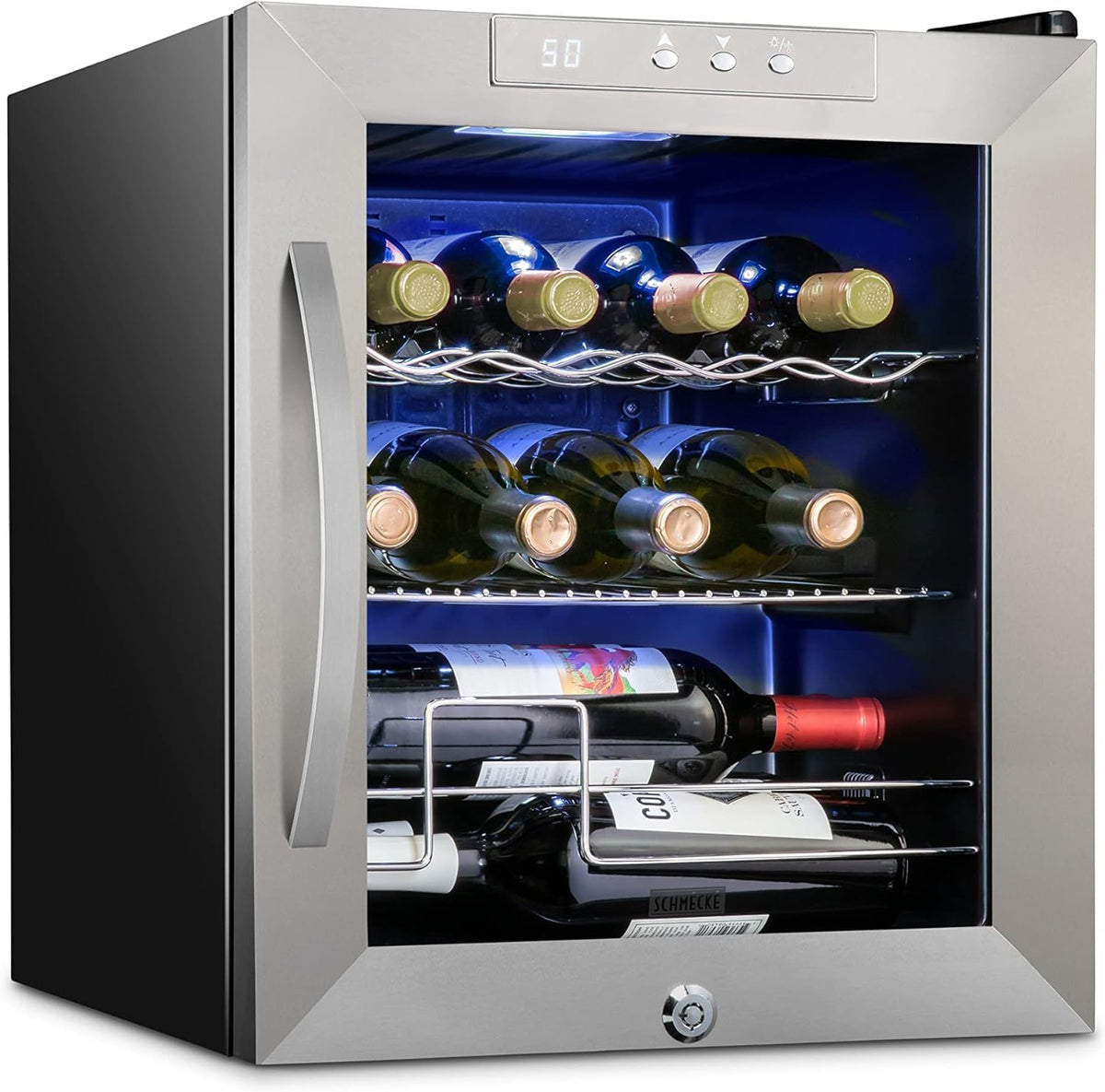 Producto Enfriador de vino de 12 botellas con cerradura, gran bodega independiente para vino rojo, blanco, champán o espumoso, refrigerador digital de