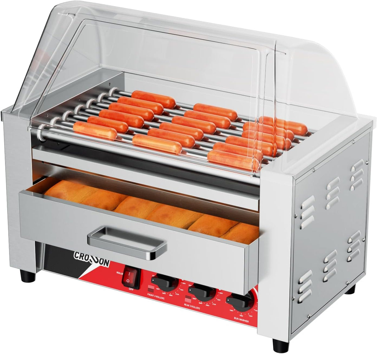 crosson Máquinas de perritos calient, 2 IN 1 Maquina Perritos Calientes Profesional 7 Rollos, Hot Dog Machine de Acero Inoxidable 1350W con Calentador