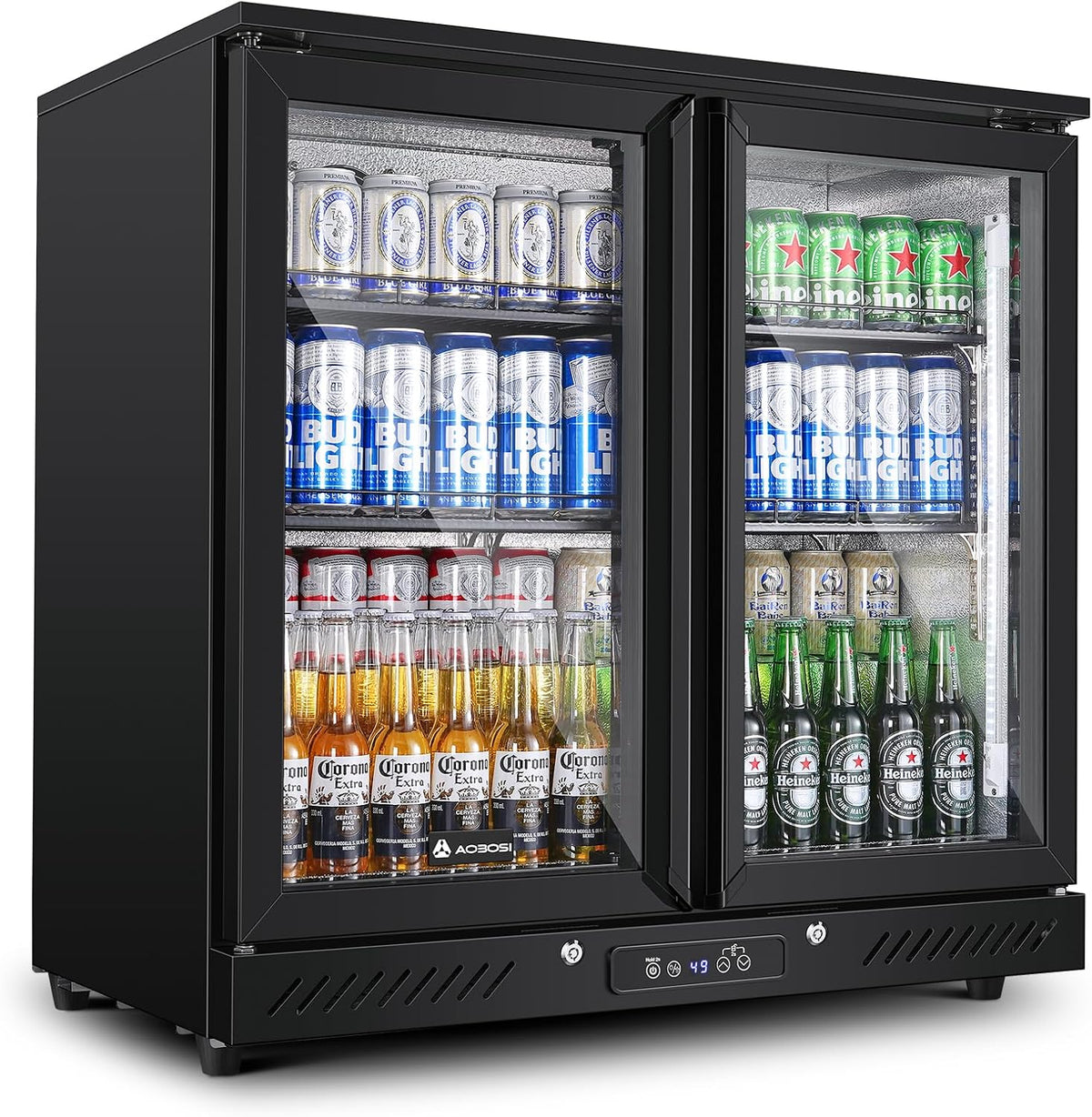 AAOBOSI Frigoríficos para bebida, Frigorífico para bebidas de 210 l con puerta de cristal, nevera de cerveza de 2 puertas con iluminación lateral LED
