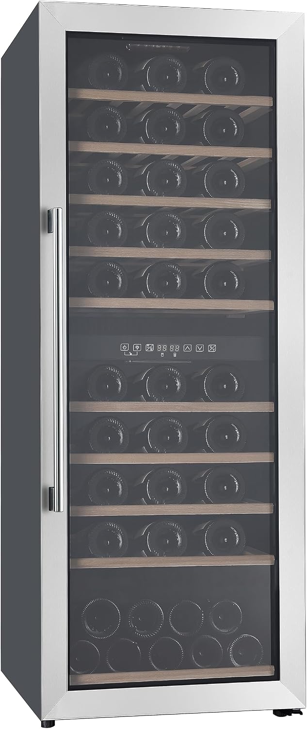 PKM Frigorífico combi, WKS72-2 Stand Weintemperierschrank, 48 cm breit, 72 Standardweinflaschen, 10 Holzböden, LED Beleuchtung, 2 Temperaturzonen