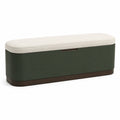 Banco de almacenamiento con poliéster beige y piel sintética verde, base de madera