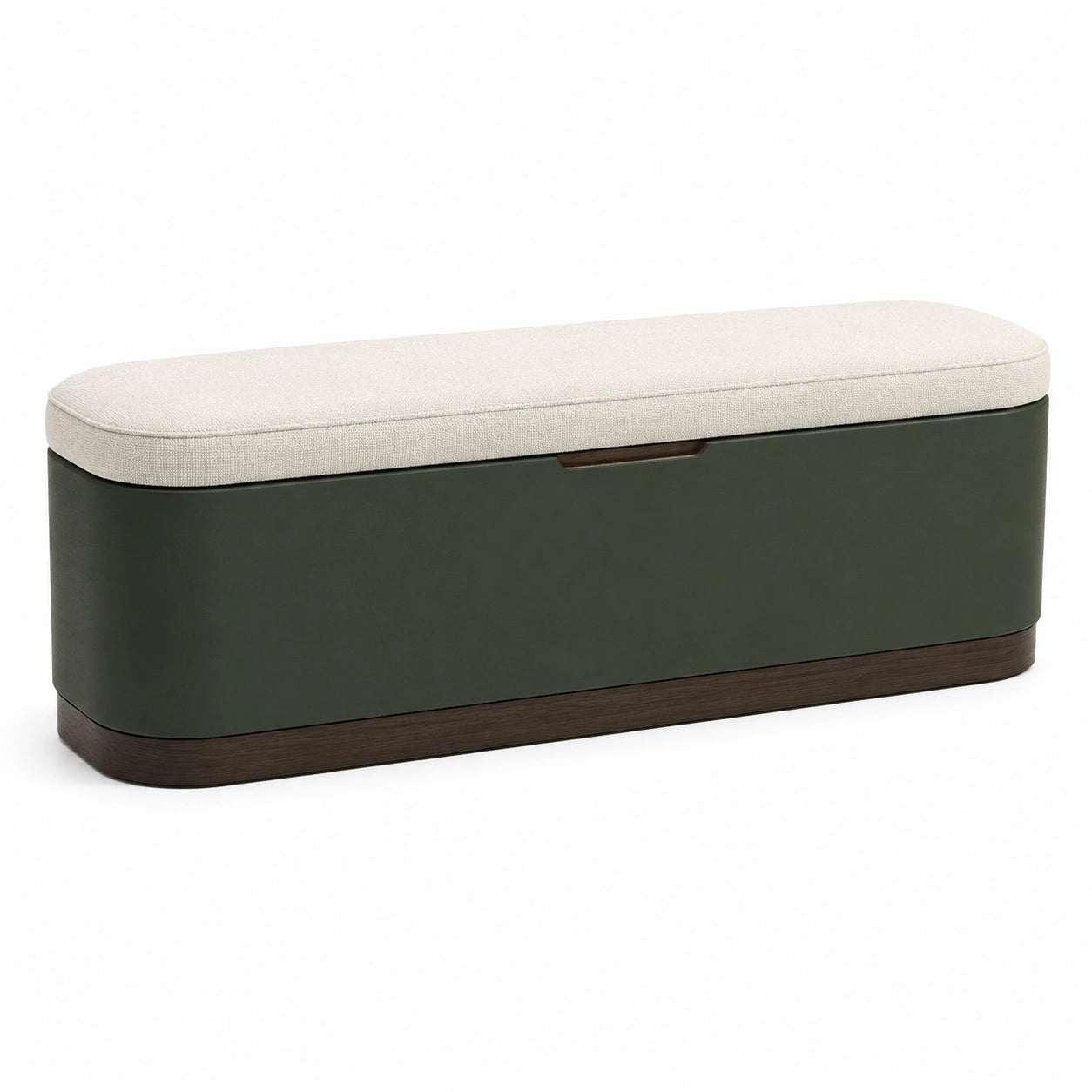 Banco de almacenamiento con poliéster beige y piel sintética verde, base de madera