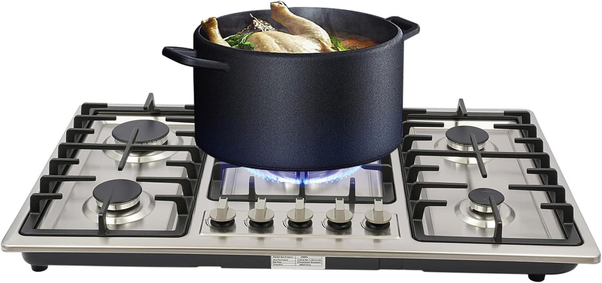 Placa de cocina de NiuLifeya, Cocina de gas con 5 focos, 86 cm, de acero inoxidable, para gas