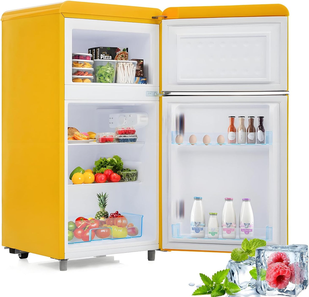 MLYYYDSS Frigorífico combi, Frigorífico retro de dos puertas, superior e inferior, 72 litros de volumen total y 21 litros de congelador, 120 kWh/año