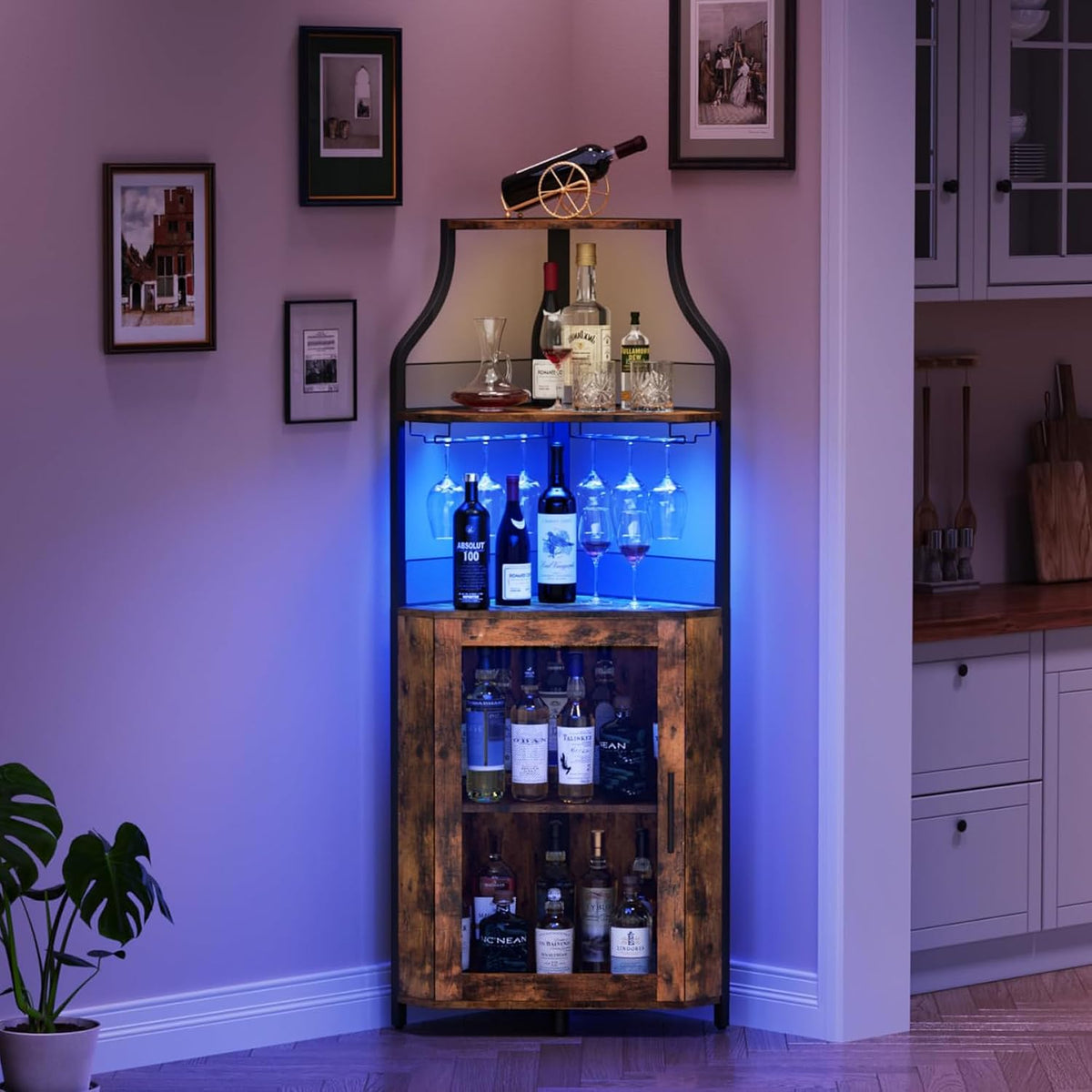 Armarios para vino Garvee, Armario de Vino Esquinero con Luces LED, Mueble Bar Industrial de 5 Niveles con Botellero y Porta Copas, Estantería para