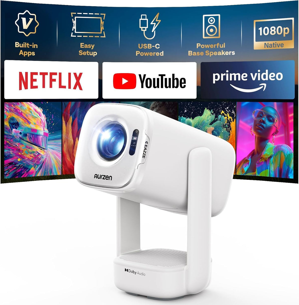 1080P de Aurzen, proyector, D1 air Proyector Portatil con Netflix, 16W Dolby Audio, ＆HDR10