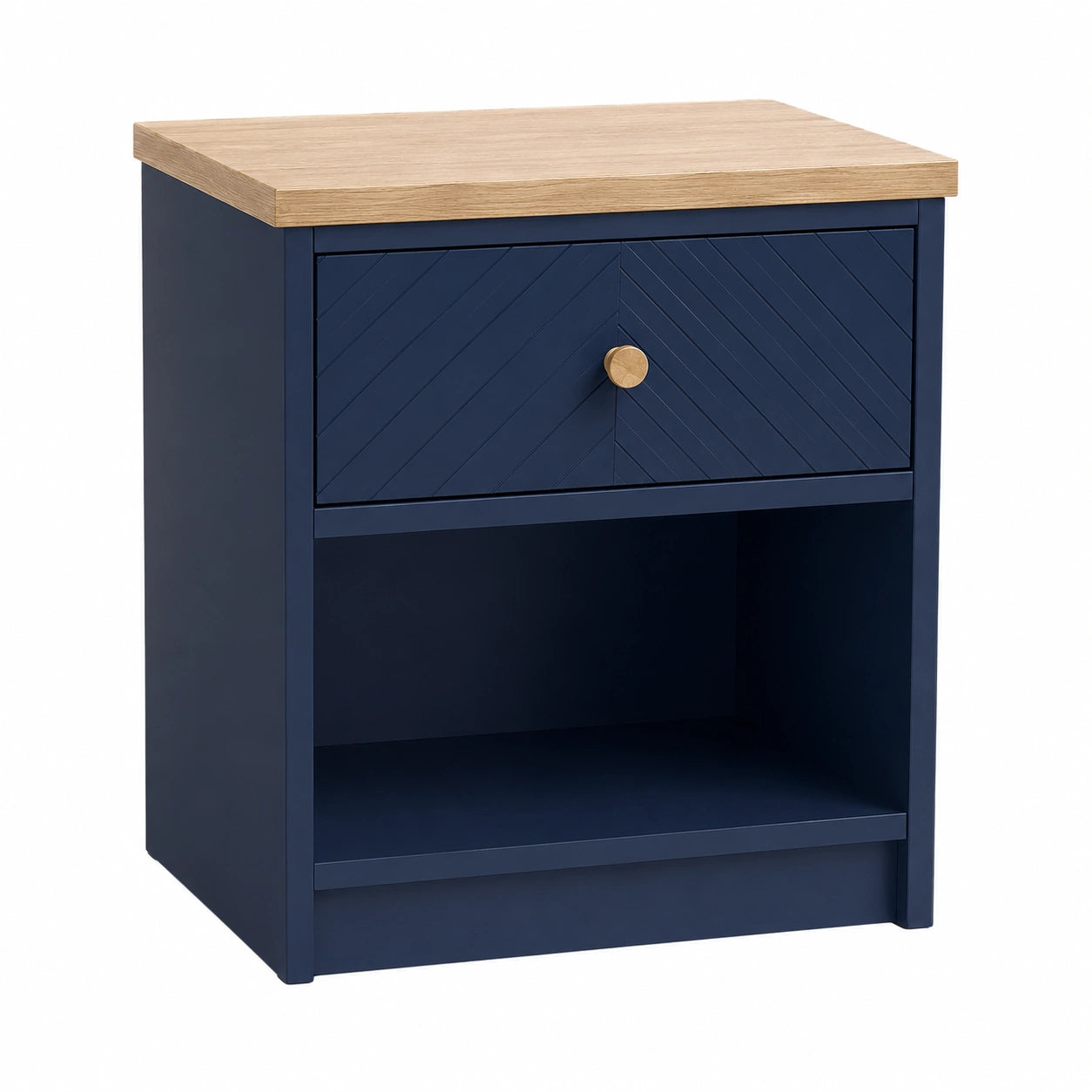 Mesa de noche de MDF azul con cajón y estante