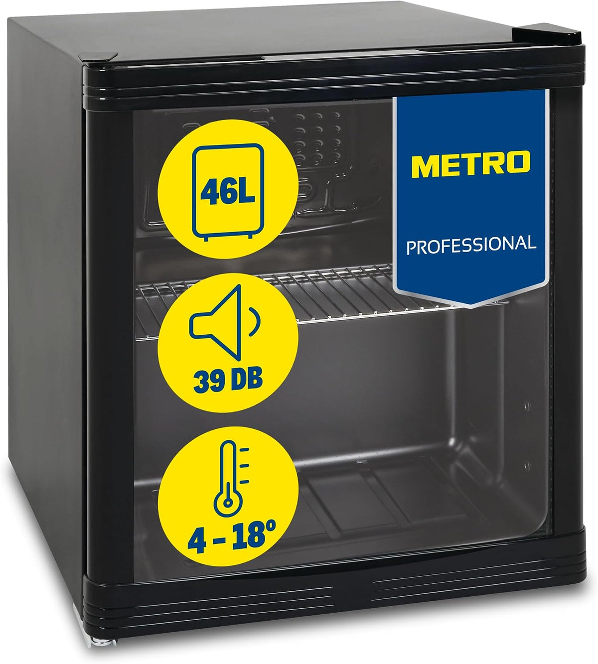 GPC1046 de METRO Professional, mini frigorífico, con puerta de cristal, Inox, 43 x 48 x 51.5 cm, 46 L, Refrigeración por aire, negro