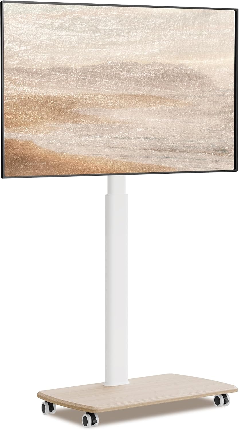 Soportes de pie para TV FITUEYES, Soporte TV Ruedas, para TV 32-65 Pulgadas, Base de Madera, Blanco
