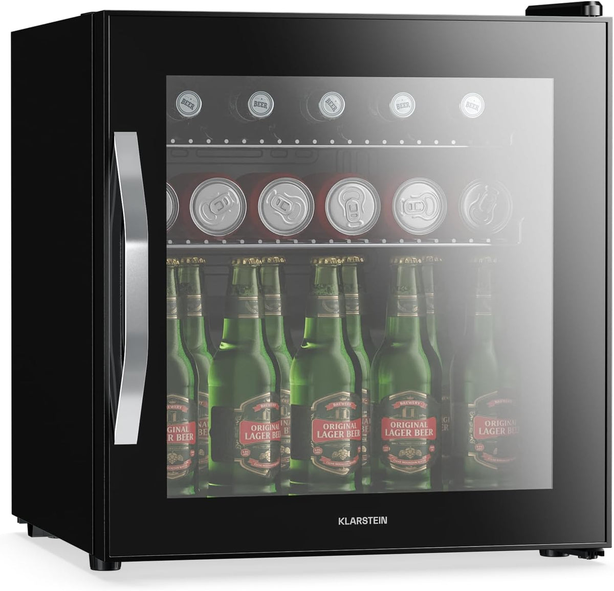 Mini frigorífico de KLARSTEIN, Nevera Para Bebidas, 47L - Puerta Cristal Espejo, Temperatura 0-13°C, LED, 2 Estantes Extraíbles, Frigorifico Para