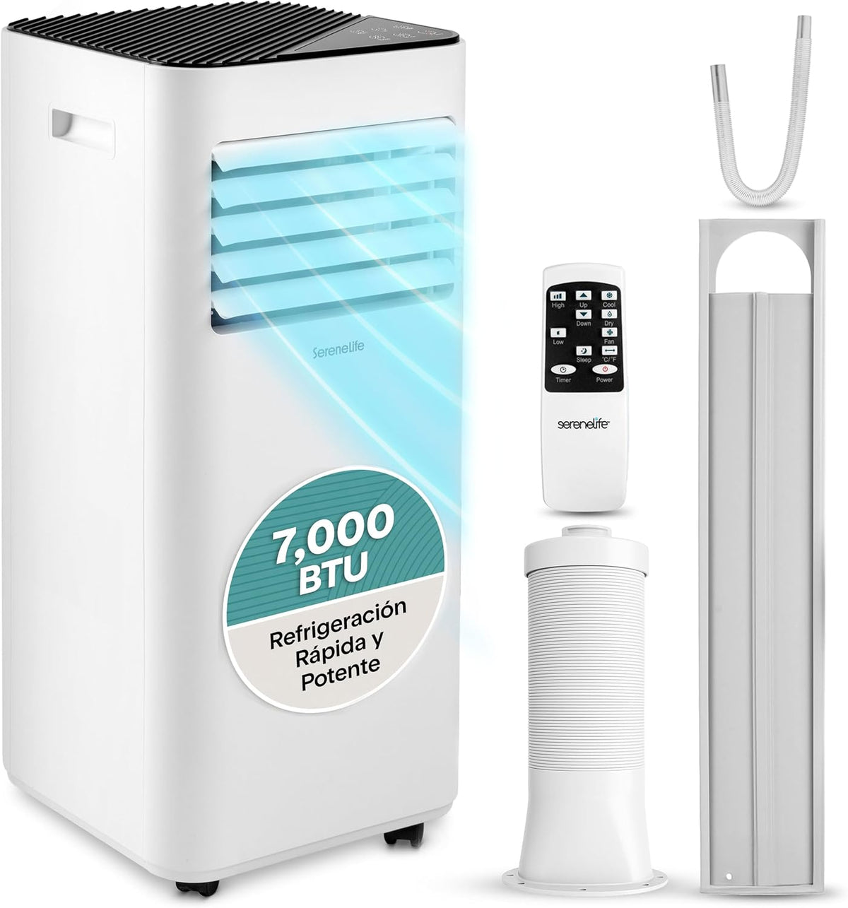 SereneLife Aire acondicionado portátil, Portátil 7000 BTU, Climatizador Móvil 3 en 1 con Ventilador y Deshumidificador, Evacuación Incluida, Kit para