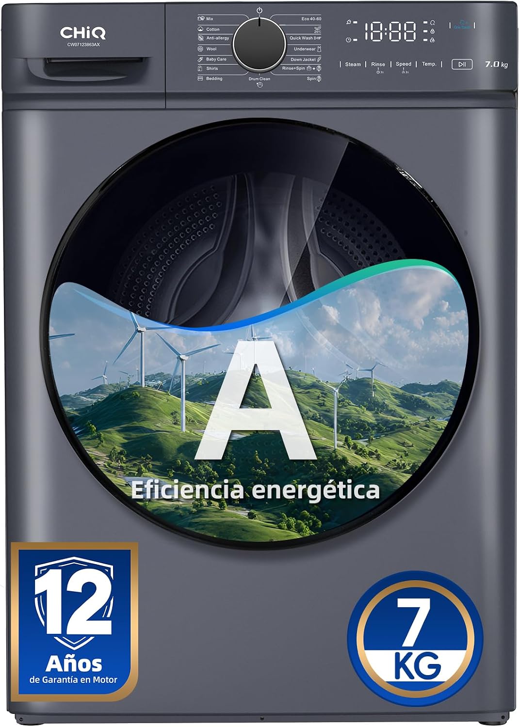 CHiQ CW07123863AX Lavadora, 7kg Lavadora con Clase A y Ultra Estrecha Gris ()
