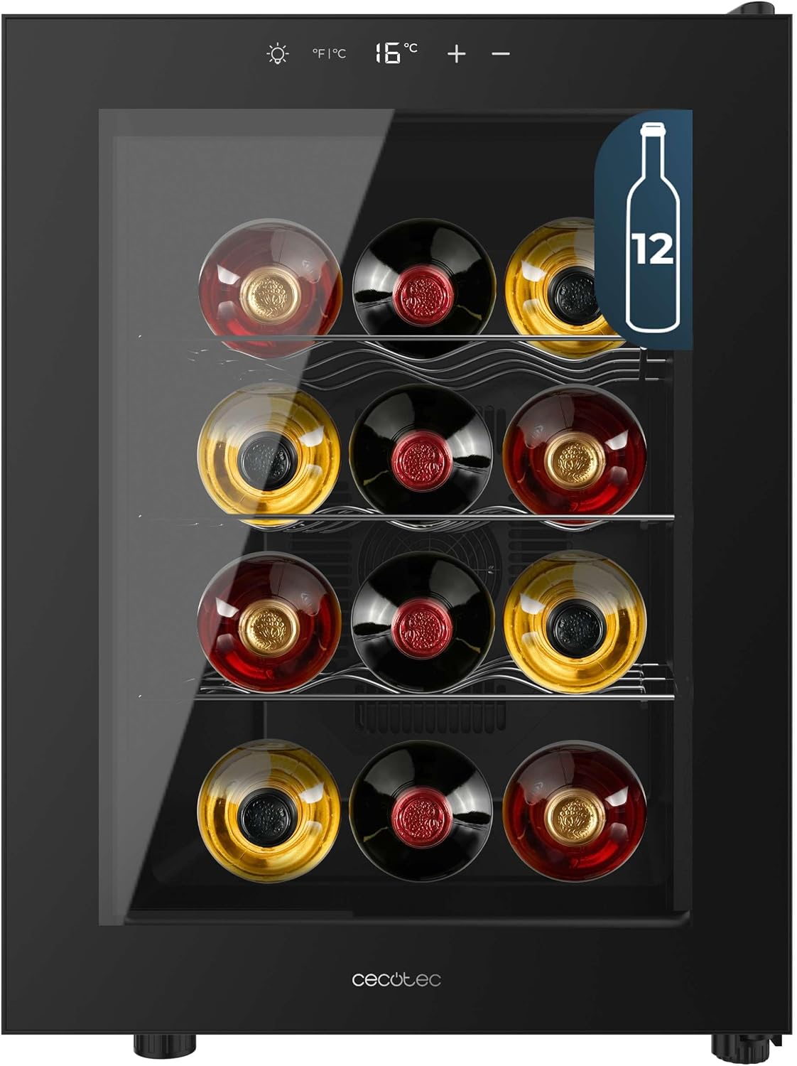 Cecotec Vinoteca, 12 Botellas Bolero GrandSommelier 1255 CoolCrystal E. Estantes Metálicos, Control Táctil, Temperatura 8 a 18ºC, Negra