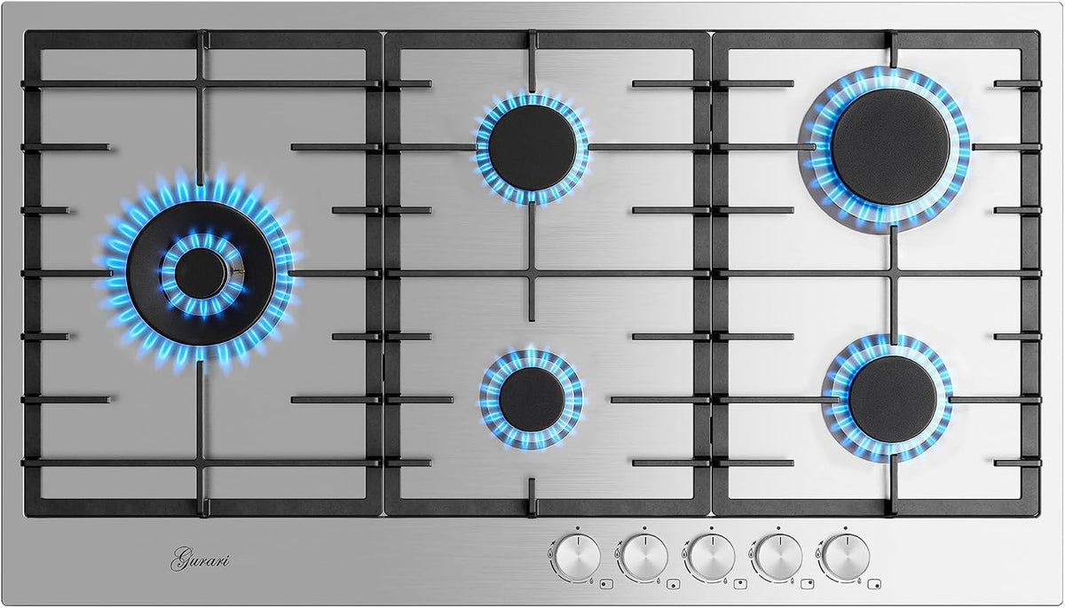 Placa de cocina de Gurari, GCH FG 905 VPGL - Placa de gas (90 cm, acero inoxidable, 4, 0 KW WOK, 5 quemadores de gas