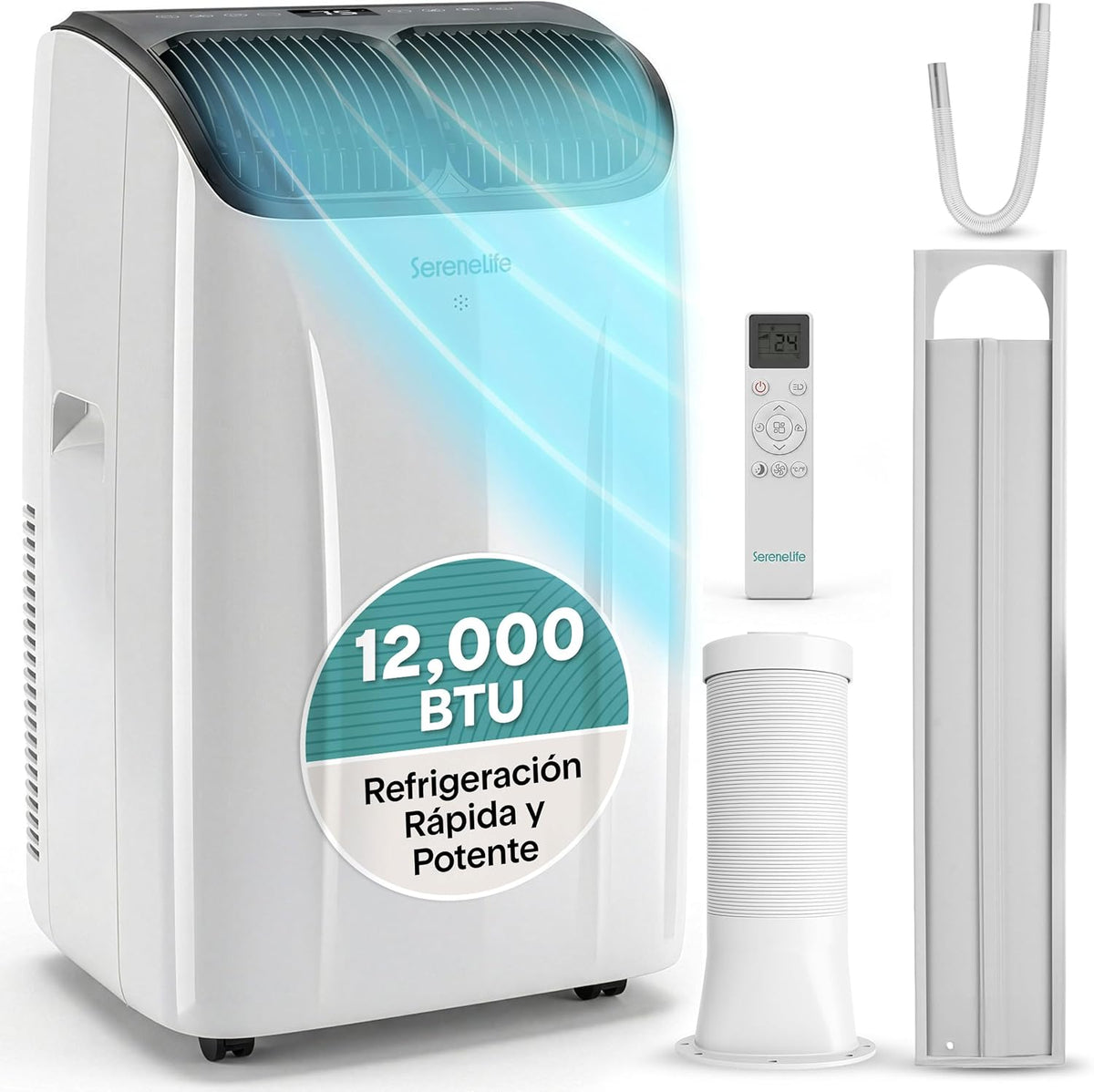 SereneLife Aire acondicionado portátil, Portatil 12000 BTU, Climatizador 3 en 1 con Frio, Ventilador y Deshumidificador, Silencioso, con Kit de