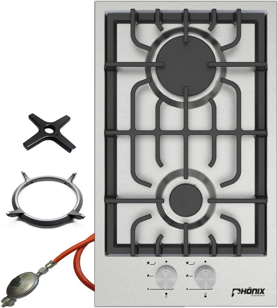 Placa de cocina Phönix Germany, Phönix Domino-SL - Cocina de gas de acero inoxidable, 2 fuegos de gas propano / gas natural + regulador de manguera de