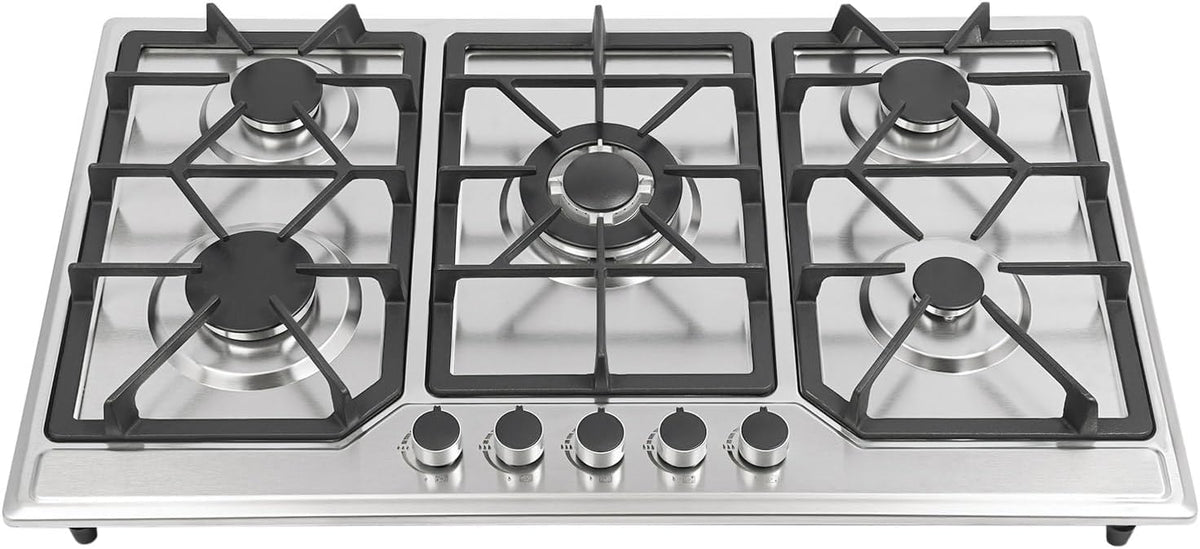 HIKUUER Placa de cocina, Cocina de Gas de 5 Fuegos, 86 x 51 x 12 cm, Placa de Gas Empotrable, Gas Natural Adaptable a GLP, 10.8KW, Estufa Inox para