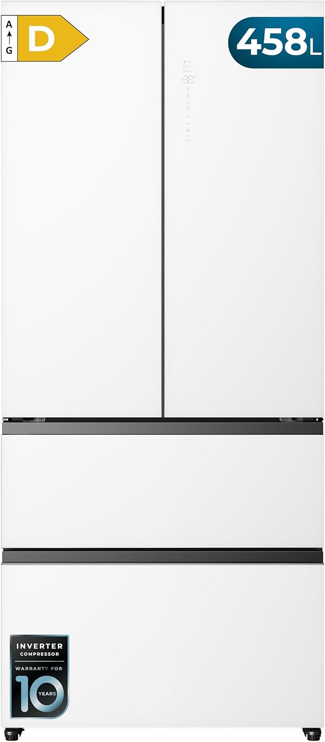 Frigorífico combi de Cecotec, Frigorífico Puerta Francesa No Frost de 458L Bolero CoolMarket F2D 458 SBI Matt White Glass D. 190, 5cm de Alto, 83cm de