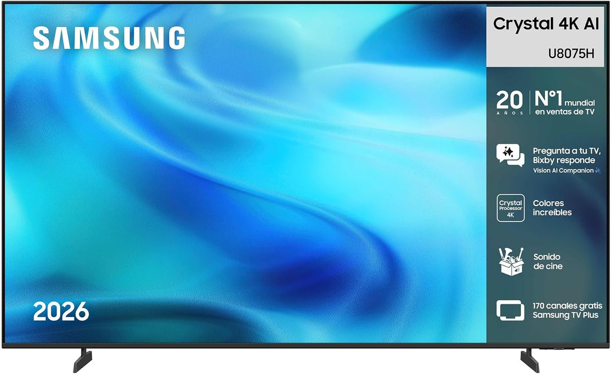 U8075H de Samsung, televisor, TV 75 Pulgadas Crystal UHD 4K Smart TV con Vision AI Companion Processor Dynamic Sound Pack TV Plus, Cine y Series, 2026