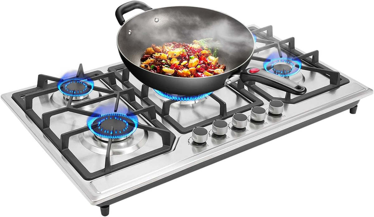 udneondhe Placa de cocina, Cocina de gas de 5 fuegos, 86 cm, empotrable para cocina, acero inoxidable, encendido electrónico, placas de gas LPG/gas