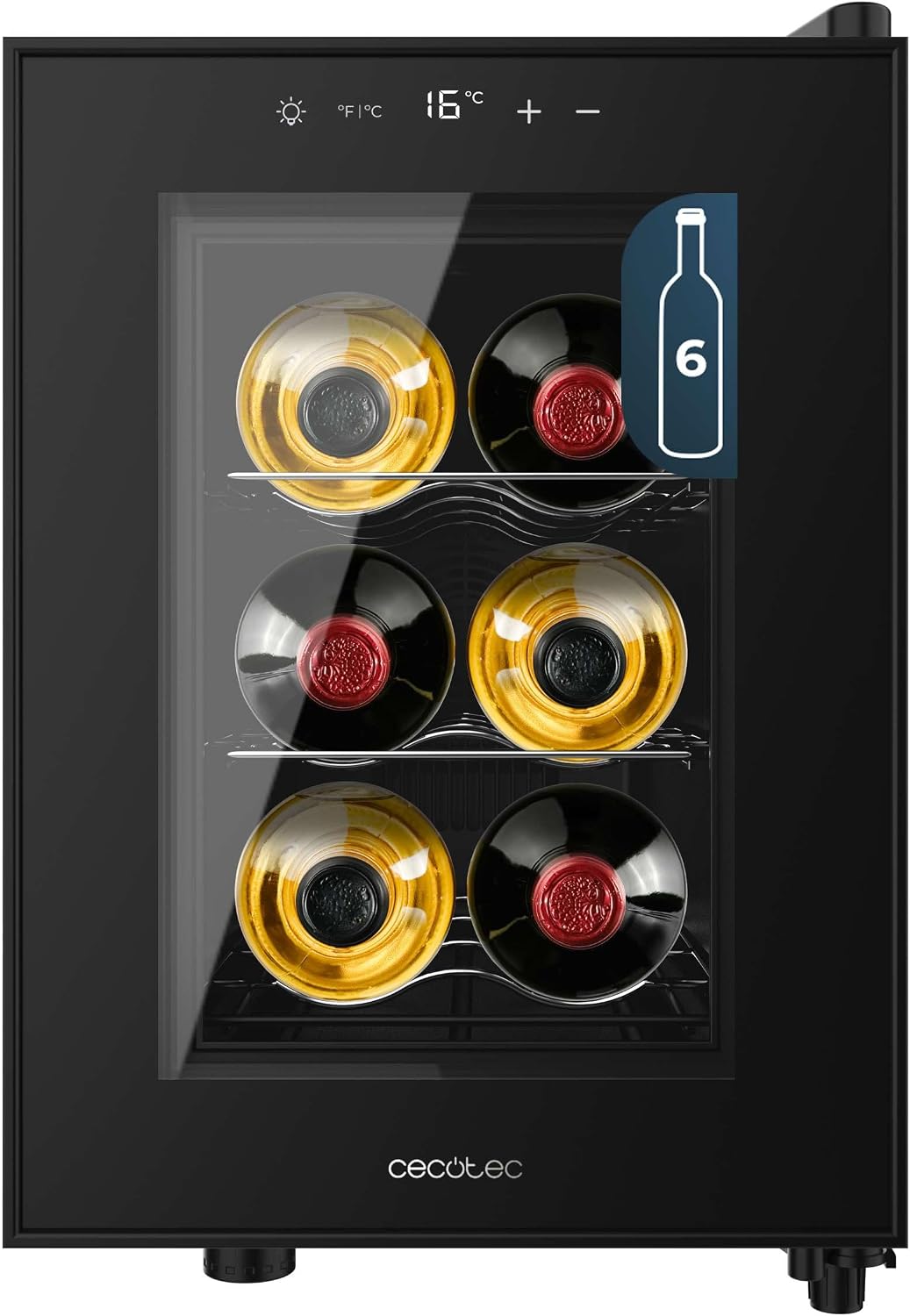 Cecotec Vinoteca, 6 Botellas Bolero GrandSommelier 600 CoolCrystal E. Estantes Metálicos, Control Táctil, Temperatura 8 a 18ºC, Negra